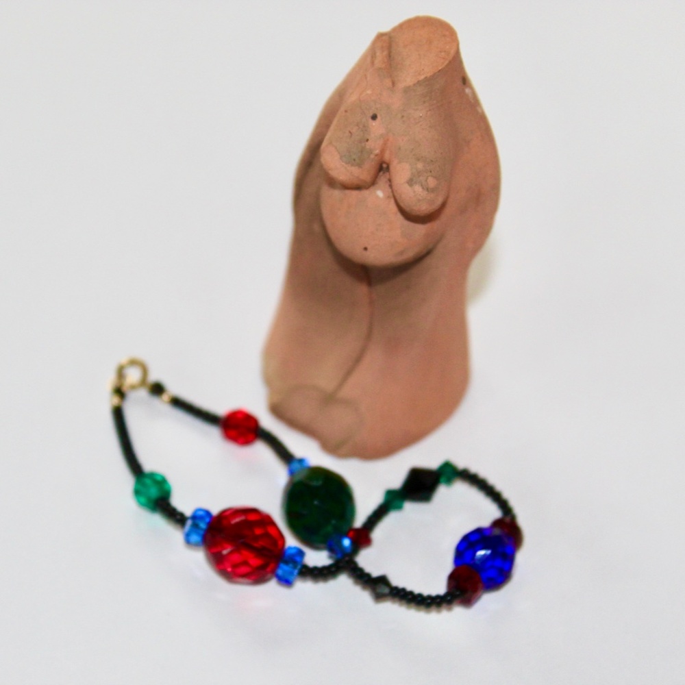 Handcrafted Green, Red, Blue and Black Beaded Bracelet, Gold Plated Spring Clasp